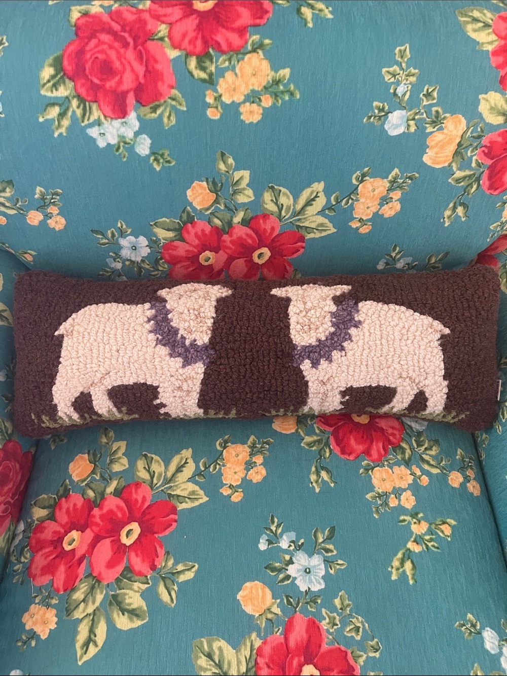 Handmade Hooked Wool Lumbar Pillow with Sheep Motif - Brown & Cream